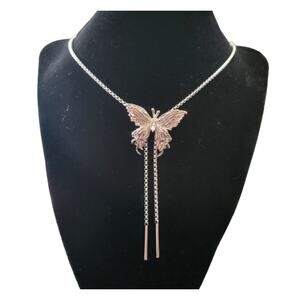 Butterfly bolo tie style lariat silver tone adjustable necklace